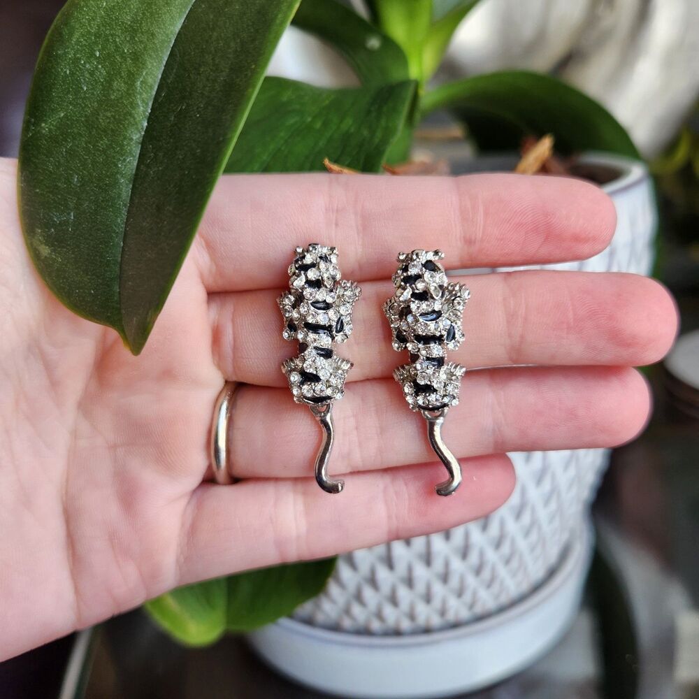 Vtg Silver Tiger Crystal Rhinestone Earrings Art Deco Dangle Drop Pierced Cute